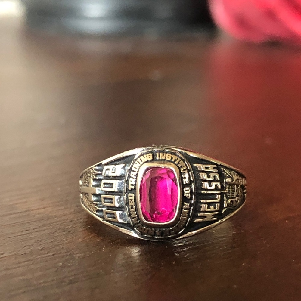 ArtCarved 4-5g 10k white gold class ring with ruby, size 5-5.5